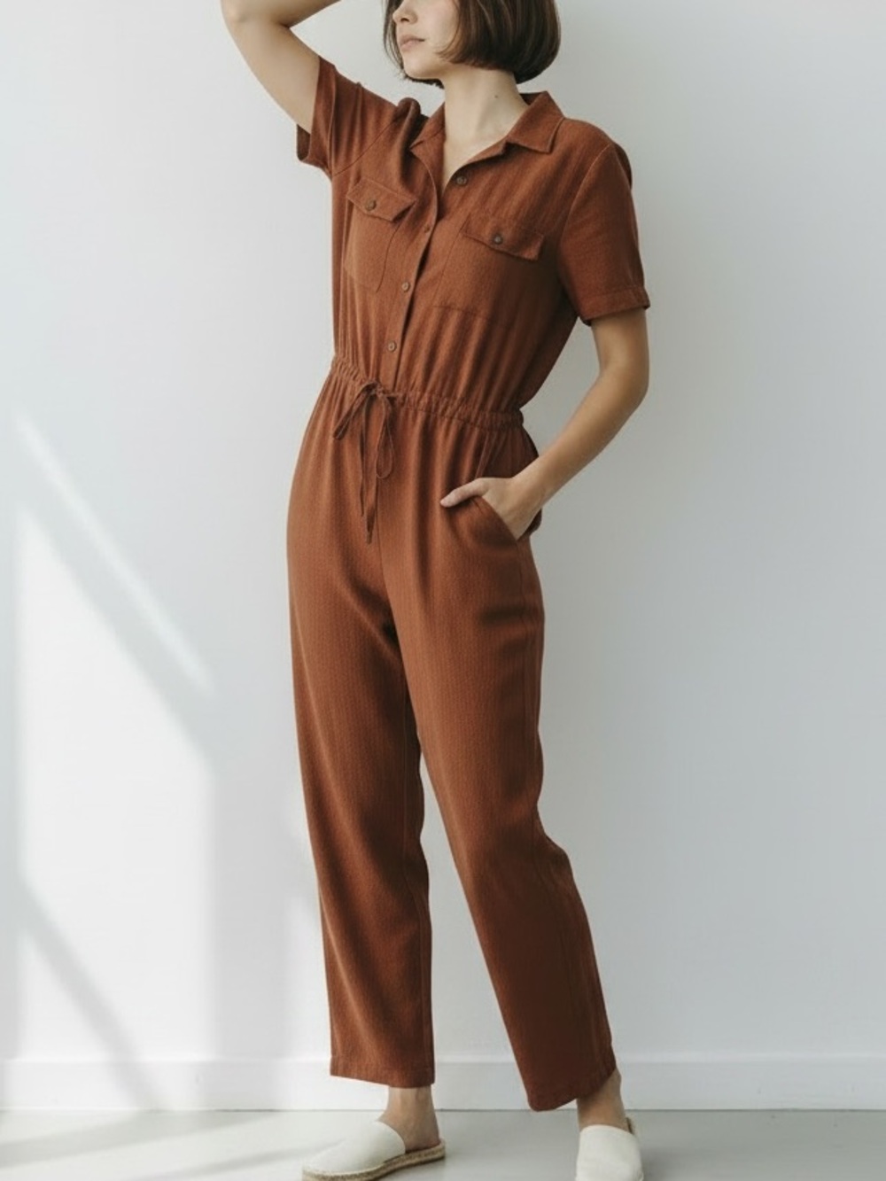 Promesa Rust Linen Blend Short Sleeve Button-up Relaxed Fit Jumpsuit - Small
